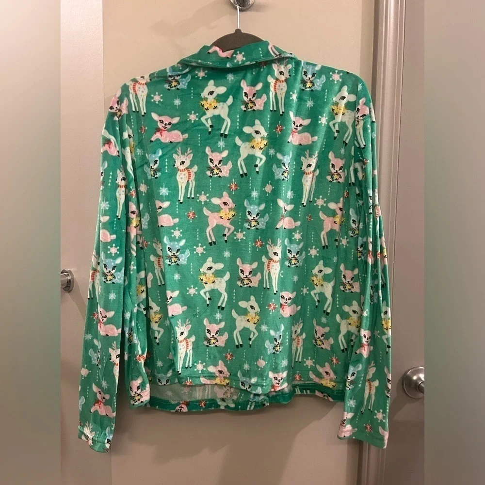 Girls XL 16-18 Holiday Pajama Top Button Down Deer Christmas Green Long Sleeve